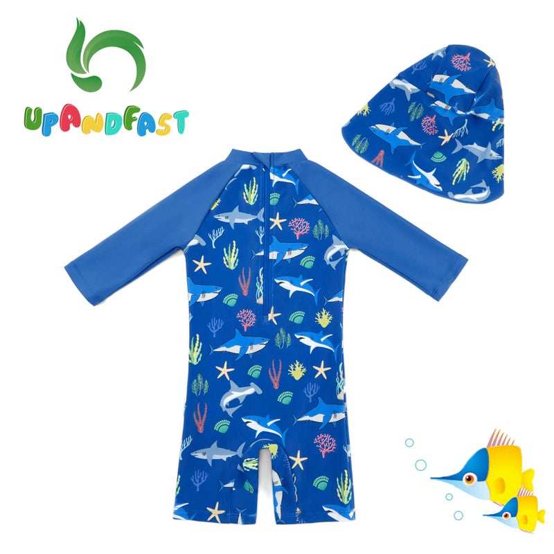 upandfast Baby/Toddler Boy Swimsuit One Piece Zip Swimwear Sunsuits with Sun Hat UPF 50+ Sun Protection Infant Boy Swimsuit (Blue Shark(LS), 9-12 Months) - Image 2